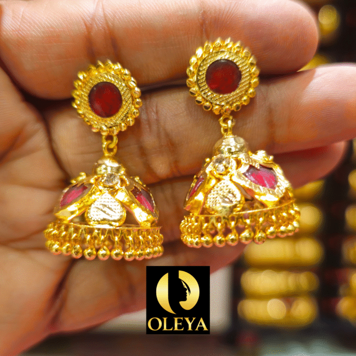 Temple style gold jhumka earrings with blue center stone